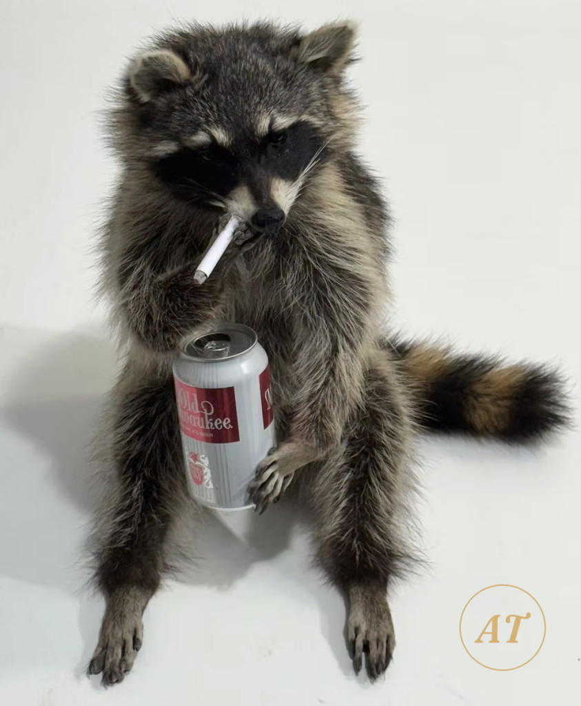 Representative example of made-to-order raccoon taxidermy posed smoking and drinking